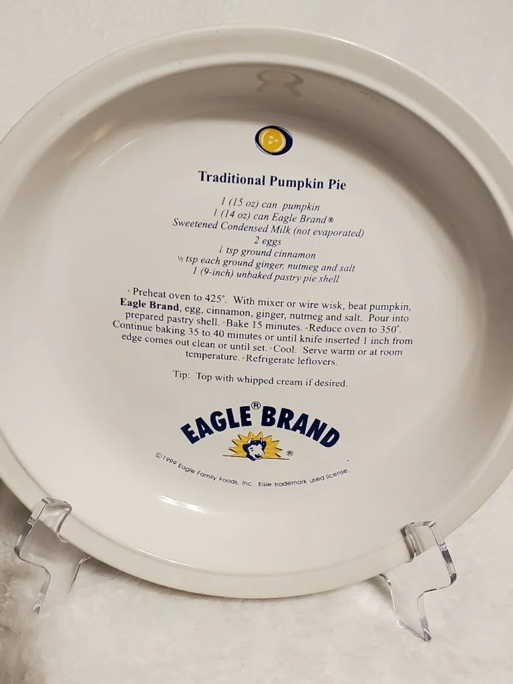 Eagle Brand 1999 Woodmere China Pumpkin Pie Plate 11